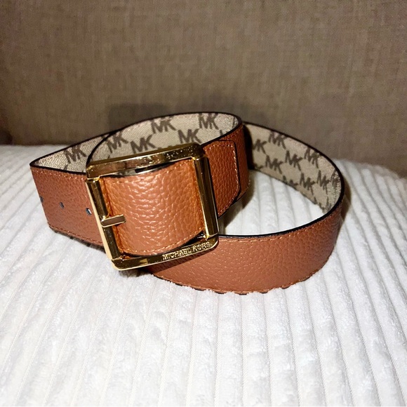 MICHAEL Michael Kors Accessories - Michael Kors Reversible Logo MK Tan Brown Leather Belt Gold Size Small NWOT